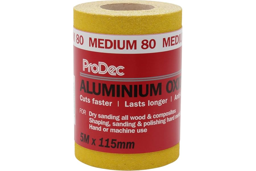 ProDec 5m Roll 80 Grit Medium Grade Yellow Aluminium Oxide Abrasive Sanding Paper for Sanding Wood, Paint, Plaster, Filler, Metal and More, 115mm Wide Sandpaper Compatible with Machine Sanders