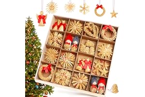 OLADWOLF Adornos Arbol Navidad, 52pcs Decoracion Arbol Navidad Paja Personalizado, Adornos Navideños para Arbol Estrella Colgantes de Paja Ornamentales de Navidad