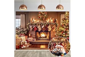 CINRAY Christmas Fireplace Backdrop Toile de Fond pour cheminée de Noël pour Photographie 7x5FT Motif Sapin de Noël Vintage pour Enfants Portrait de Famille Accessoires Photo