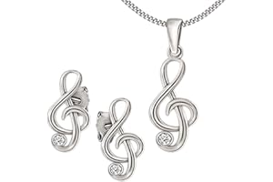 CLEVER SCHMUCK Set Silberne Ohrstecker Mini Notenschlüssel Zirkonia weiß, passender Anhänger & Kette Panzer 40 cm Sterling Silber 925 im Schmucketui
