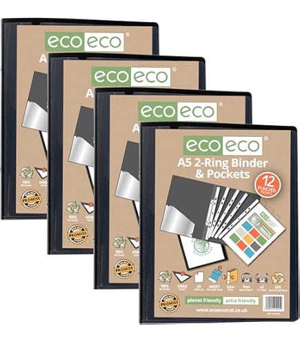 Eco-eco A5 65% Recycled Presentation 4 O Ring Binder With 12 Multi Punched Pockets, 22mm Spine, Pack Of 4 Black, Eco045x4
