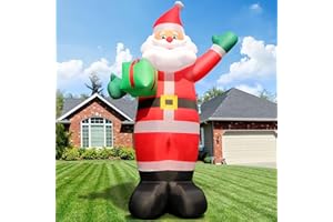 OMDEKOR Nadmuchiwany Święty Mikołaj z dmuchawą LED, 304 cm, olbrzymia figurka Mikołaja, z zielonym pudełkiem, dekoracja bożonarodzeniowa, odporna na działanie warunków atmosferycznych, IP44, oświetlenie
