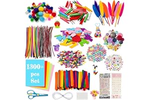Baozun Zestaw do majsterkowania dla dzieci, 1300 sztuk, do majsterkowania, do dekoracji, do majsterkowania, z zestawem do czyszczenia fajek, pomponami, oczami, piórami, zestaw do majsterkowania dla