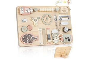 Joyreal Duży Busy Board - panel sensoryczny dla dzieci Montessori drewniana tablica sensoryczna gry Montessori z pozytywką lustro dla niemowląt zabawki edukacyjne prezent