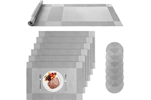 Miorkly Placemats and Coasters Sets of 6 Christmas Silver Grey Plastic Table Mats With Long Table Mat Resistant Washable PVC Table Place Mats and Coaster Sets for Home Restaurant…