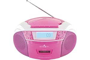 SCHWAIGER 661668 Lecteur CD avec Cassette et Radio MP3 Connexion USB FM Radio AUX Casque Boombox Fonctionnement sur Secteur et sur Piles Affichage Portable Rose