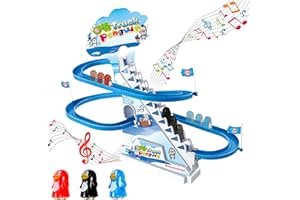 Arsuk Penguin Go Racer Track Toy, Kids Fun Playing Games with Slide & Music, Climbing Stairs Toys for Toddlers and Kids, Playful Roller Coaster Playset