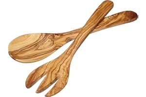 WORLD OF FLAVORS KitchenCraft World of Flavours Posate per Insalata in Legno di Ulivo, Intagliate a Mano, 29 cm, Set da 2 Pezzi