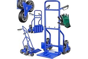 MASKO® Carretilla para escaleras, 200 kg, apilable, plegable, ruedas de goma dura, asas de plástico, marco de acero, ruedas de estrella 3 capas, incluye guantes, color azul
