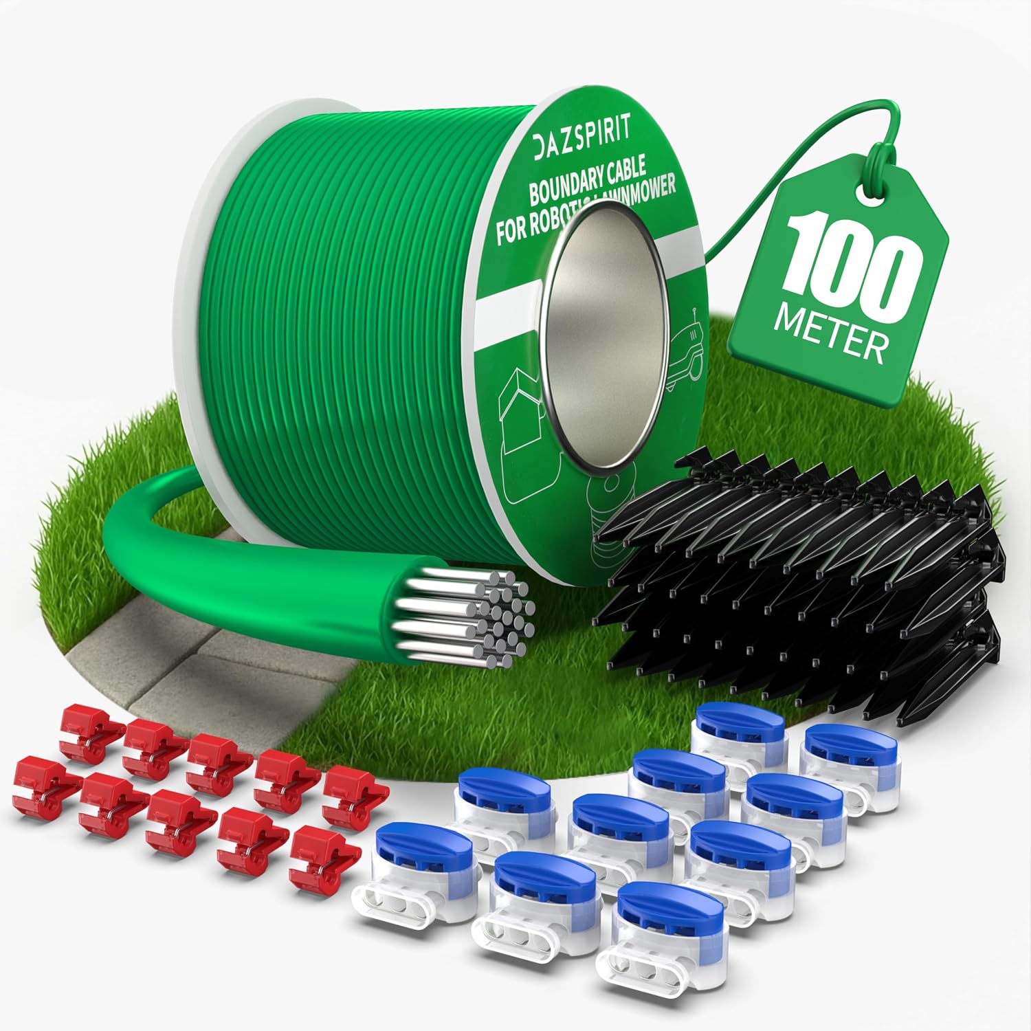 DazSpirit Câble de délimitation de 100 m + 50 chevilles + 10 connecteurs de câble + 10 bornes de connexion pour robot tondeuse à gazon, kit d'accessoires de fil de jardin, compatible avec Gardena