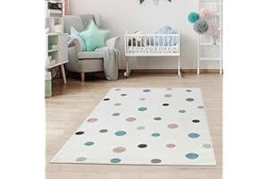 ‎JIMRI Jimri Kinderteppich DOTS l Pünktchen Gepunktet l Öko-Tex Siegel | Farbe: Beige Blau Rosa | Kinderzimmer/Jugendzimmer (White, 120x170 cm)