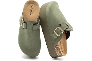 FOINLEDR Suede Platform Clogs for Women, Soft Cork Footbed Mules with Adjustable Buckle, Closed Toe Leather Potato Shoes Sandals