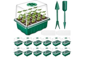 Aurorast Seed Tray 12PCS, 144 Cells Seed Starter Trays, Thicken Growing Seedling Starter with Adjustable Vents, Heightened Clear Lids, 12Pcs Plant Labels and 2Pcs Seeding Tools