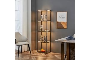 FENLO Fantasy Plus 66" Luxury Display Shelf with Dimmable LED Floor Lamps, Sturdy Curio Cabinet with Glass Bookcase Display Case, Shelves for Bedroom, Open Bookshelf, Brown