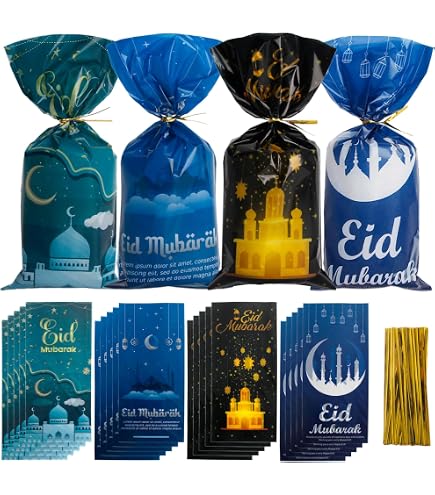 KYMY Eid & Ramadan Geschenktüten – 100 Stück, Blau, Mit Goldenen Bändern