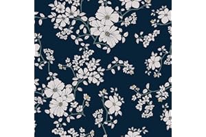 VaryPaper Odklej i przyklej, kwiatowa tapeta, ciemnoniebieska papier kontaktowy, 44,5 x 200 cm, samoprzylepny tył, plastikowa rolka, do owijania mebli, tapeta w stylu art deco, do salonu, dziewczyny, sypialni, podszewka, papier na tła ścienne