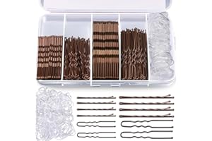 Aucuu 300 Pcs Bobby Pins Kit, Hair Pins for Women, Hair Grips, 100 Brown Waved Hair Pins (50pcs L+50pcs S), 100 Brown U Shaped H-air P-ins, 100 White Elastic Bands, with Storage Box