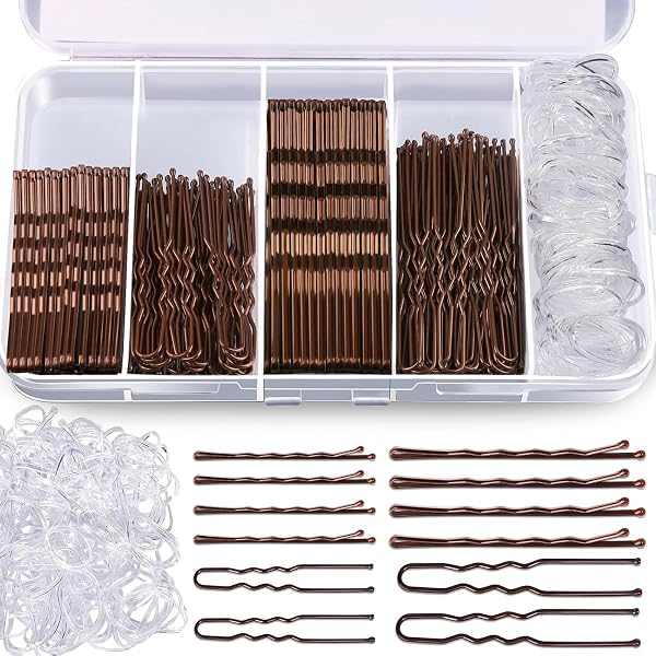 340er Set Haarnadeln & Gummis – U-förmige Bobby Pins, Braun, Inkl. Box