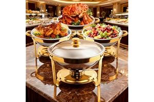 MewVeer Chafing Dishes for Buffet, 4 Pack Round Stainless Steel Chafing Dish Buffet Set with Lid Holder, 5QT Food Warmers for Parties Buffet, Catering Supplies Buffet Display for Party, Wedding