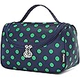 Yeiotsy Polka Dots Makeup Bag - Hanging Travel Toiletry Organizer for Women & Girls with Brush Holders (Navy Blue)