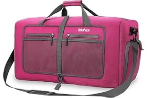 Bekahizar Travel Duffle Bag 60L Lightweight Foldable Holdall Duffels Large Weekend Overnight Bag Packable Carry On Luggage with Shoe Compartment for Men Women Camping Storage Gym Beach (Rose Red)