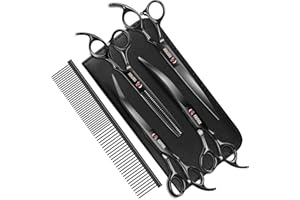 7.0in Titanium Professional Dog Grooming Scissors Set, GEMEK 6 in 1 Straight & Thinning & Upwards Curved & Downwards Curved Scissors & Comb for Dogs, Cats and Other Animals