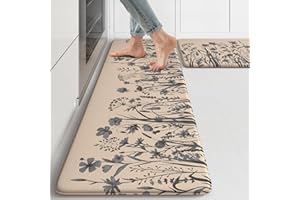 KIMODE Anti Fatigue Kitchen Mats for Floor, Farmhouse Kitchen Rugs Sets of 2, Cushioned Kitchen Floor Mats, Comfort Standing Mat for Sink, Laundry, Office, Desk Brown/Grey 17"x47"+17"x29"