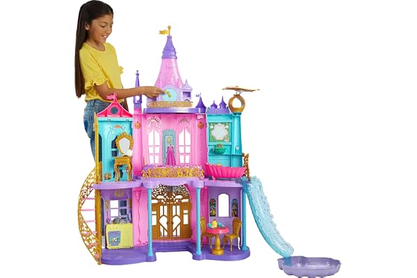 Mattel Disney Princesses Château Magique Adventures, 3 Niveaux Avec 10 Zones De Jeu, 25 Accessoires Pour Poupées Inclus, Avec Lumières Et Sons, Un Toboggan et Piscine, dès 3 ans et Plus, HLW29