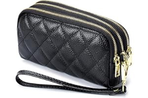RRvane Genuine Leather Quilted Clutch Bag, Ladies' 3 Zipper Wristlet Wallet, Multifunction Purse with Wrist Strap for Women