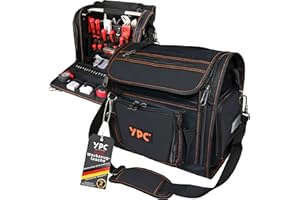 YPC Foreman Werkzeugtasche XL– Tragbare Aufbewahrungstasche mit Karabinerhaken, Wasserfest, Reißfest, Stabiler Metallgriff & Schultergurt mit Polsterung, Schwarz, 37x36x27cm – 20 kg Tragkraft