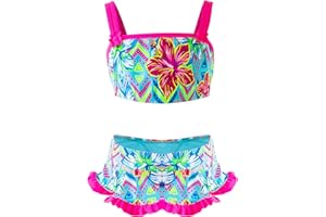 IKALI Girls Two-Piece Bikini Set, Flamingo Floral Hawaii Printed Ruffle Bathing Suit, Toddler Summer Beach Sport Swimwear