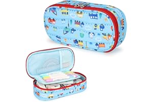 Bagseri Pencil Case Boys, Large Capacity Pen Pouch with Double Zip Closure Cute Pencil Case Stationery Desk Organizer for Kids School Office Supplies Kids Pencil Case (Blue/Car) (BAP02)