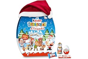 ‎KINDER Kinder Überraschung & Friends Adventskalender 2025 - 370 g - Mit Weihnachtsmütze, 5 Hohlfiguren, 8 Überraschungseiern, Schokoladen-Spezialitäten - Zu Weihnachten und Adventszeit - Weihnachtskalender