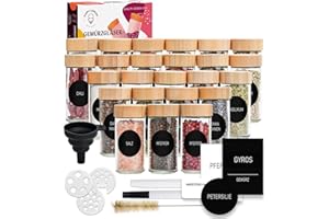 Happy Lemuro Gewürzgläser Rund [24 x 100 ml] 435 Etiketten auf Deutsch | Gewürzbehälter mit Holzdeckeln & Zubehör - Luftdicht - Gewürzgläser Set, 24er Set, Gewürzaufbewahrung Spice Jars