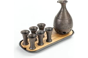 TEANAGOO Set da sakè giapponese, caraffa da sakè (170 ml) con 6 tazze da sakè (25 m) per alcolici soju giapponesi caldi o freddi con vassoio di servizio bambo set da regalo 10 pezzi/set, T4