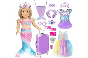 EBUDDY 25pc Mermaid 18 inch Doll Clothes and Doll Accessories Case Luggage Travel Play Set Include Suitcase, Dresses, Bag, Camera, Glasses, Pillow, Eyeshade Etc (No Doll)