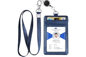 OFFCUP Porte Badge en Cuir PU, Porte-Badge, Porte Badge avec 4 Emplacements pour Carte et Fenêtre Transparente Tour de Cou, Porte-badges en cuir avec Cordon Rétractable pour Le Travail L'école Bleu