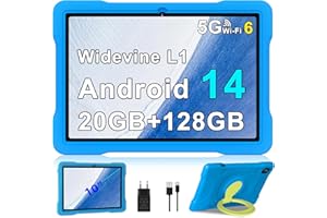‎UJJ Children's Tablet 10 Inch Android 14 with 5G WiFi 6, 20 GB RAM + 128 GB ROM (TF 1TB), Octa-Core, Widevine L1, Child Lock, 6000 mAh, Bluetooth 5.0, 1280 x 800, GMS Certified Kids Tablet with Eva Case