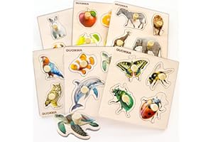 QUOKKA Wooden Puzzles for 1 2 3 Years Old – 6 Set Educational Peg Jigsaw Puzzles for Kids – Realistic Animal Learning Toys – Gift Game for Toddler Boy and Girl