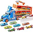 JOYIN Transport Truck Toys Car for 2 3 4 5 Year Old Boys, Foldable Toy Car Track Set, 12 Die-Cast Metal Race Cars with 2 Launchers, with Lights & Sounds, Carrier Truck Gift for Girls Boys Age 3 4 5 6+