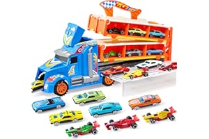 JOYIN Transport Truck Toys Car for 2 3 4 5 Year Old Boys, Foldable Toy Car Track Set, 12 Die-Cast Metal Race Cars with 2 Launchers, with Lights & Sounds, Carrier Truck Gift for Girls Boys Age 3 4 5 6+