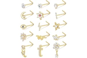 Adramata 15 Pcs 20G Piercing Nez Anneau de Nez pour Femme Homme Piercing Nez en Acier Chirurgical L/Vis en Forme de Serpent Fleur Clous de Nez Argent Or Piercing au Nez Bijoux