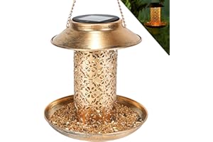 MLEPXBO Solar Bird Feeder, Durable Metal Outdoor Bird Feeders Hanging Station, Wild Bird Feeder with Solar LED Light, Squirrel Proof Bird Feeder for Balcony Garden Decoration
