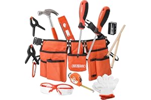 Hi-Spec 16pc Orange Kids Tool Kit Set & Child Size Tool Belt. Boys and Girls Real Metal DIY Kit for Building, Woodwork, Construction and Crafts Learning for Kids