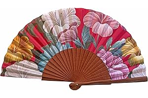 Tusitala Barcelona Ventaglio in Legno e Cotone Lucía - 100% Artigianale e Spagnolo - Include Custodia in Iuta Naturale - Accessorio di Moda Fatto a Mano - Misura 23 cm.