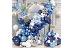 JOBKOO Blue White Silver Balloon Arch Kit, Navy Blue Silver White Balloon Garland with Metallic Dark Blue Light Blue Silver Balloons for Boys Men Birthday Baby Shower Graduation Wedding Party Decorations