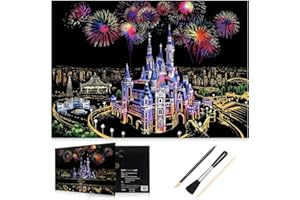 H HOMEWINS Kratzbilder 405 x 285 MM Weltberühmte Sehenswürdigkeiten Wandbild DIY Kunst Zeichnung City Night View Schwarz Beschichtet Bunte Kratzpapier mit Werkzeug Set (Traumschloss)