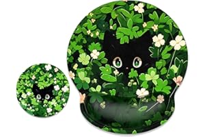 ITNRSIIET Ergonomic Mouse Pad with Wrist Support Wrist Rest Smooth Surface Non-Slip Rubber Base Comfortable Office Supplies Pain Relief, 9.8 x 9.1 inches,Green Leave Cat