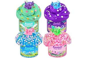 KAOERDCE 4 Pack Axolotl Fluffy Christmas Slime Kit, Butter & Clear, Slime Party Favors for Kids with Charms, Soft Stretchy, Pink Blue Purple Green Slime for Girls & Boys 4-12, Classroom Rewards, Birthday Gifts