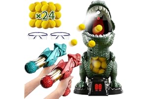 QEWEUUIE Movable Dinosaur Shooting Toy for Boys Aged 4–10, Electronic Shooting Game for Kids with 2 Air Pump Guns and 24 Foam Bullets, LED Score Display, Sound Effects, Fun Gift for Boys and Girls